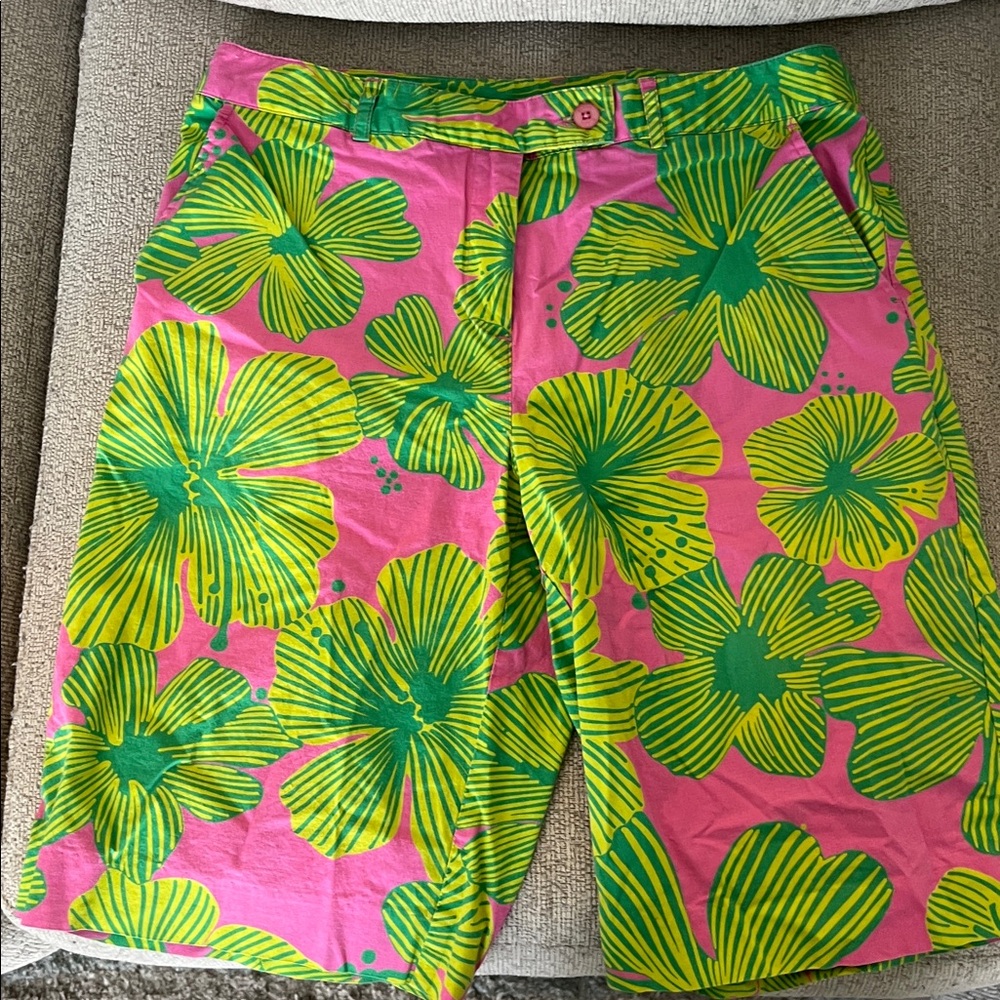 Lilly Pulitzer Pink Shorts with Lime Green Floral Print